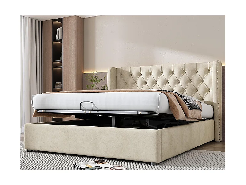 Bettkasten 140 x 200 cm, Erwachsenenbett mit Samtbezug, Dekor mit Nieten und Knöpfen, Lattenrost, beige