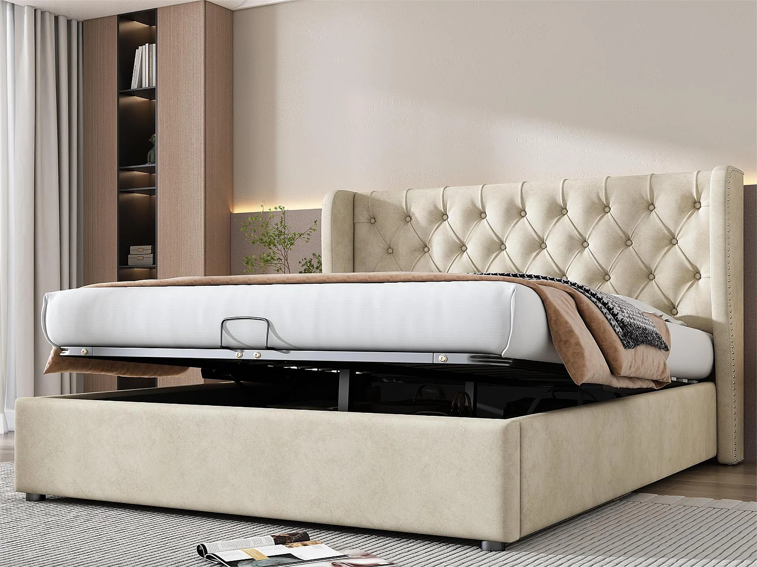 Letto contenitore 140 x 200 cm, letto per adulti rivestito in velluto, decoro con rivetti e bottoni, rete a doghe, beige