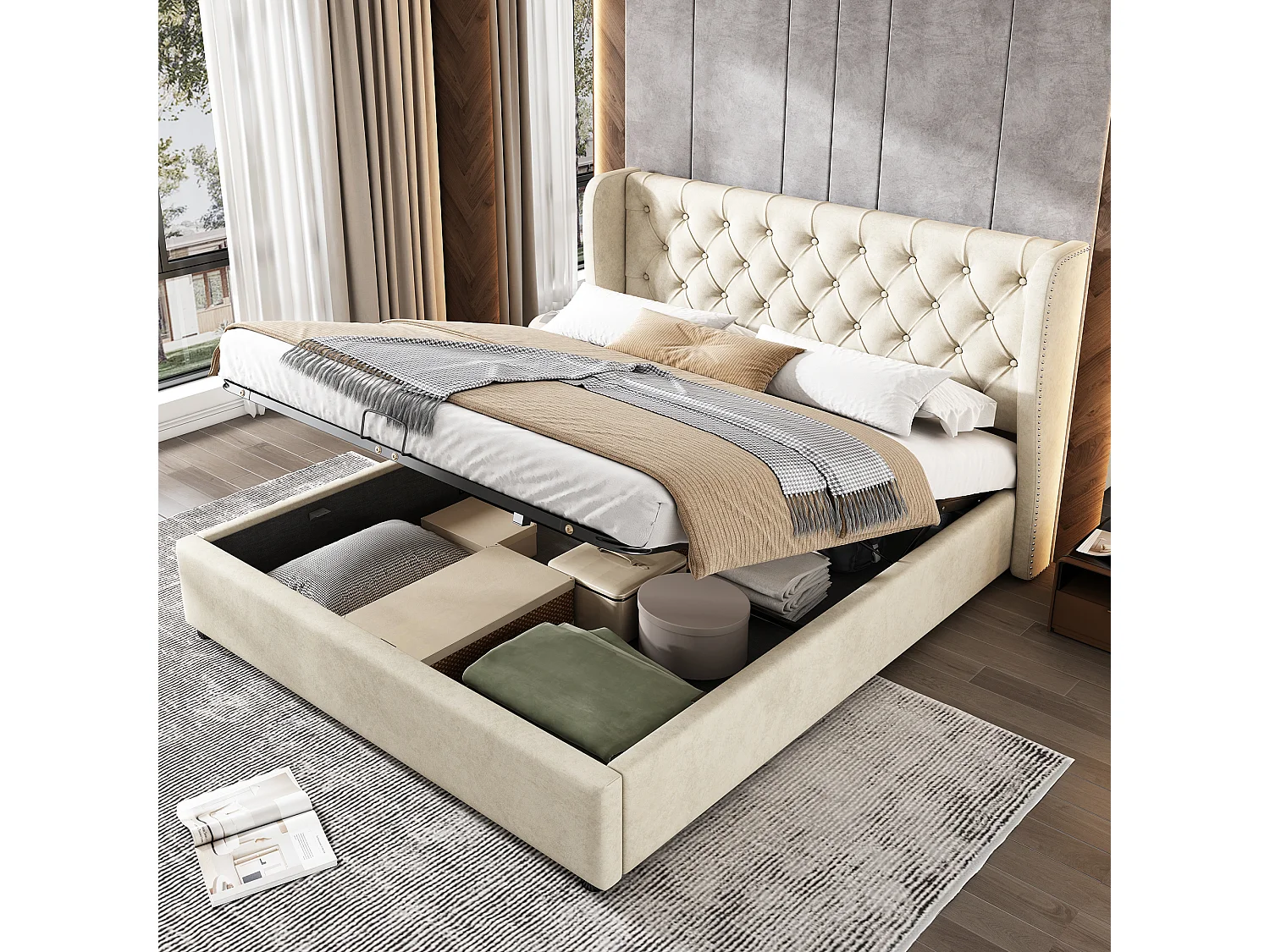 Letto contenitore 140 x 200 cm, letto per adulti rivestito in velluto, decoro con rivetti e bottoni, rete a doghe, beige