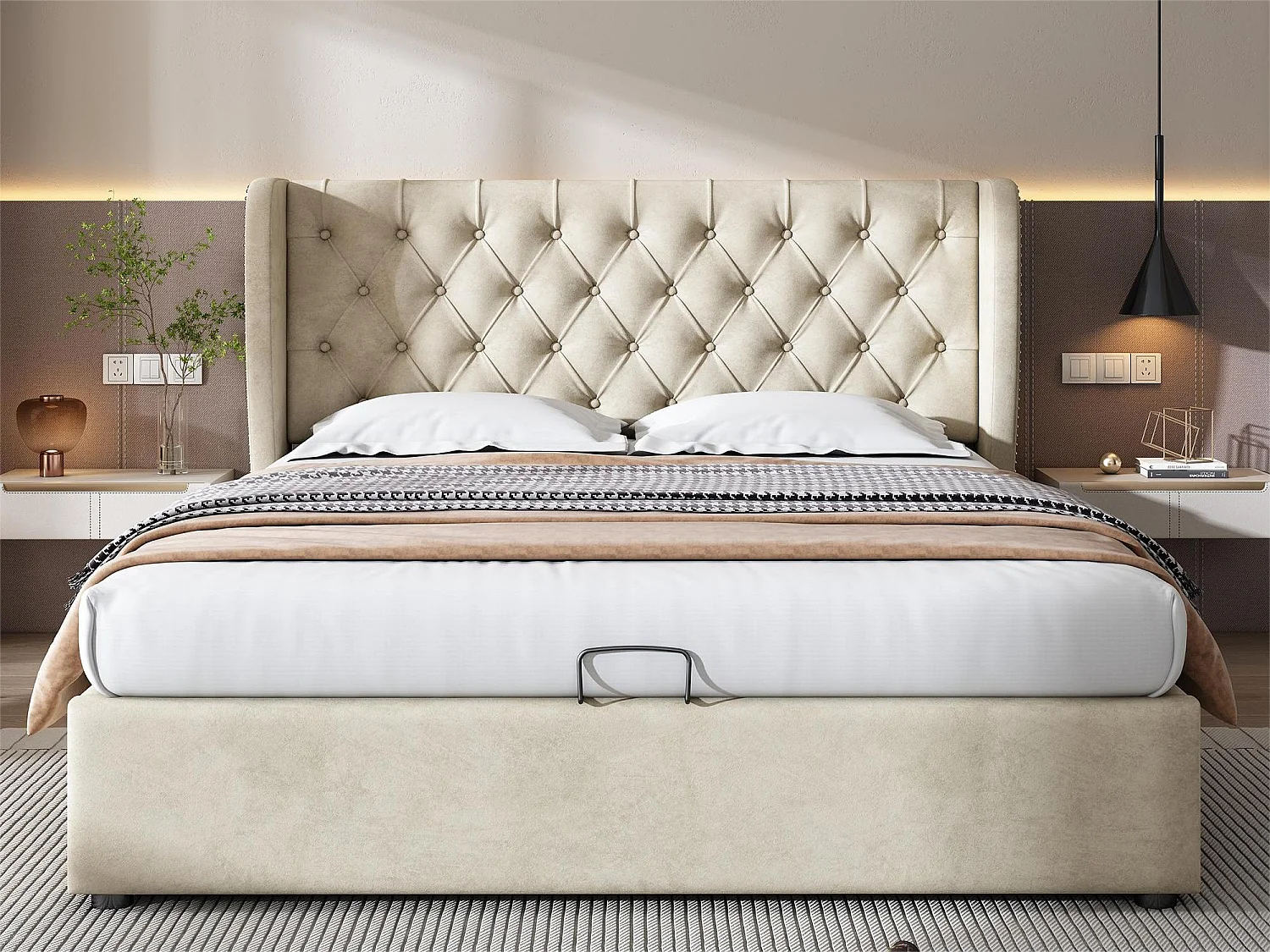 Opbergbed 140 x 200 cm, volwassenenbed bekleed met fluweel, decor met klinknagels en knopen, lattenbodem, beige