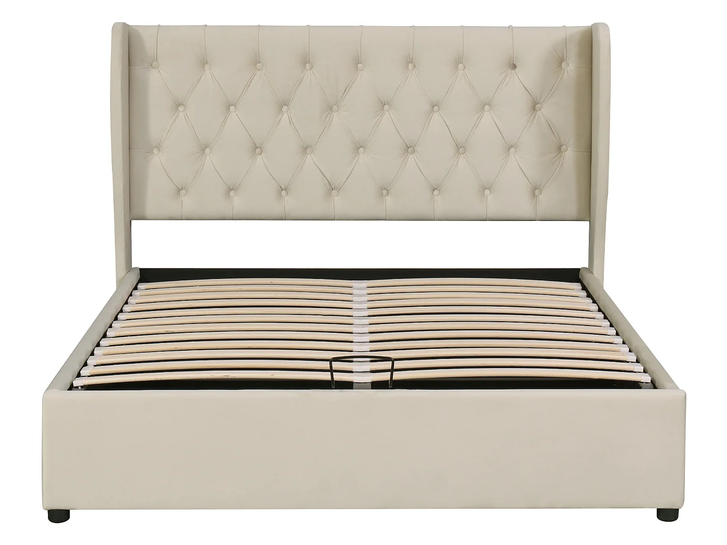 Opbergbed 140 x 200 cm, volwassenenbed bekleed met fluweel, decor met klinknagels en knopen, lattenbodem, beige