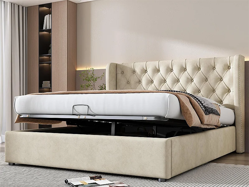 Opbergbed 140 x 200 cm, volwassenenbed bekleed met fluweel, decor met klinknagels en knopen, lattenbodem, beige