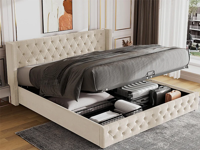 Lit coffre 180 x 200 cm, lit double rembourré en velours, décor avec rivets et boutons,  sommier à lattes, style chesterfield, beige