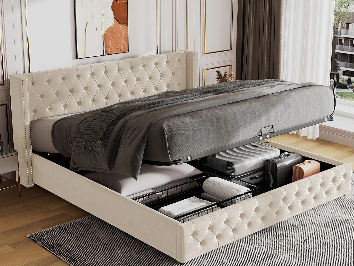 Bettkasten 180 x 200 cm, Doppelbett mit Samtbezug, Dekor mit Nieten und Knöpfen, Lattenrost, Chesterfield-Stil, beige