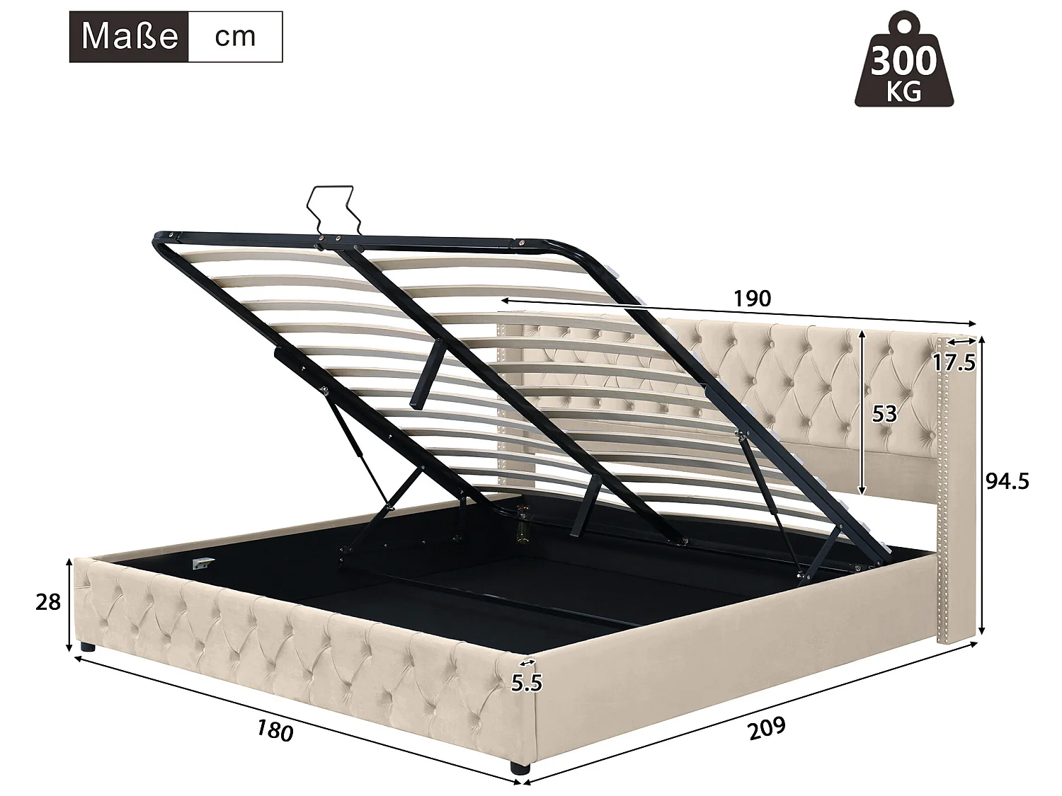 Bettkasten 180 x 200 cm, Doppelbett mit Samtbezug, Dekor mit Nieten und Knöpfen, Lattenrost, Chesterfield-Stil, beige