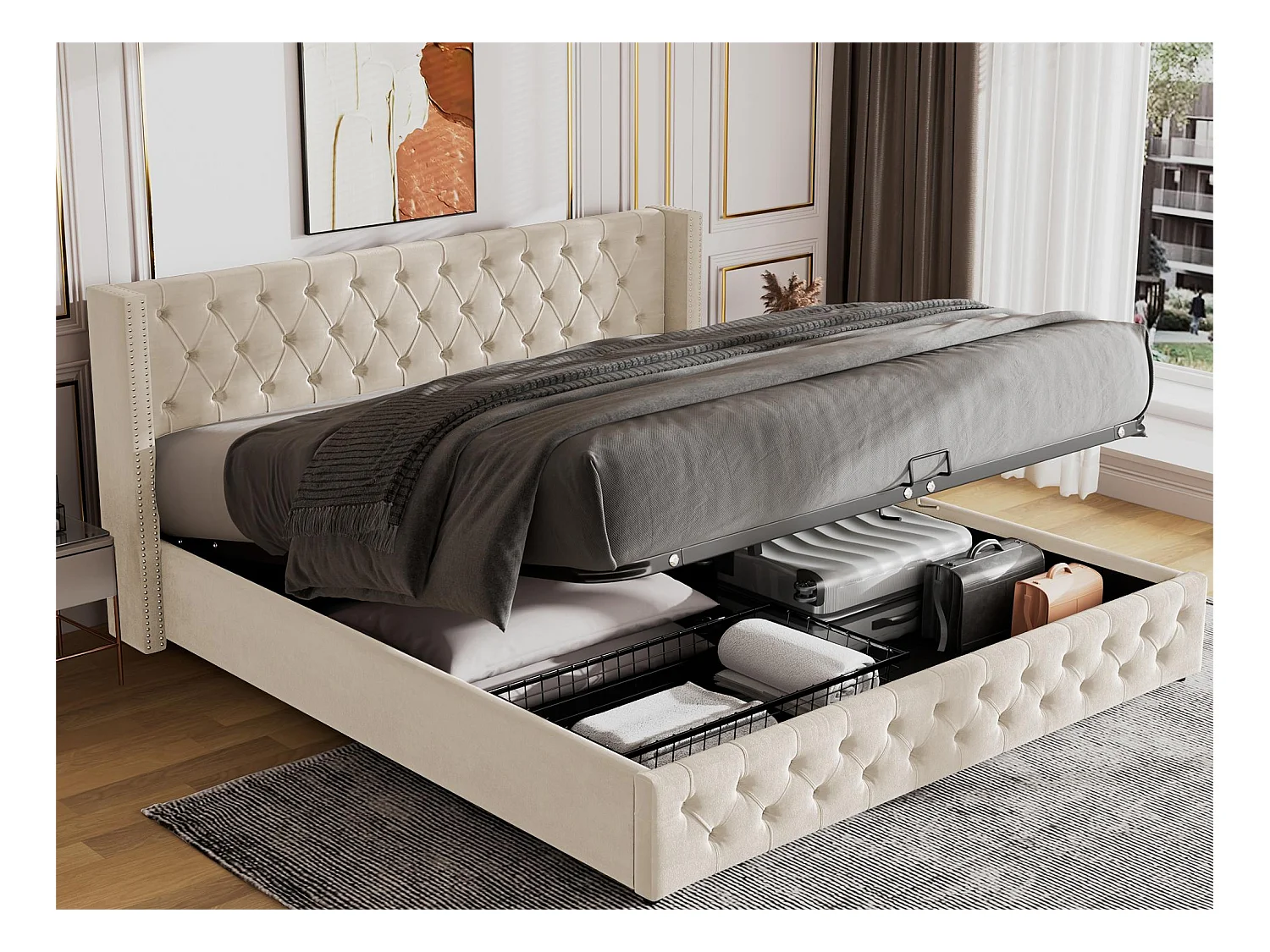 Lit coffre 180 x 200 cm, lit double rembourré en velours, décor avec rivets et boutons,  sommier à lattes, style chesterfield, beige