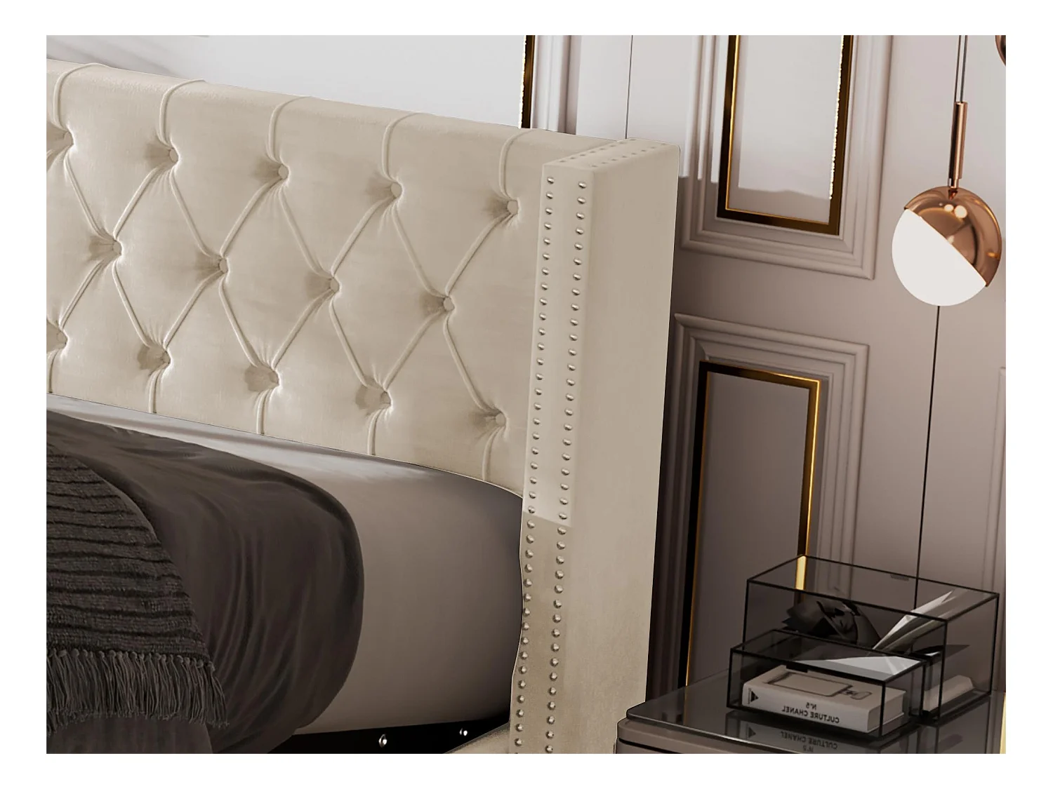 Cama contenedor 180 x 200 cm, cama doble tapizada en terciopelo, decoración con remaches y botones, somier de láminas, estilo Chesterfield, beige