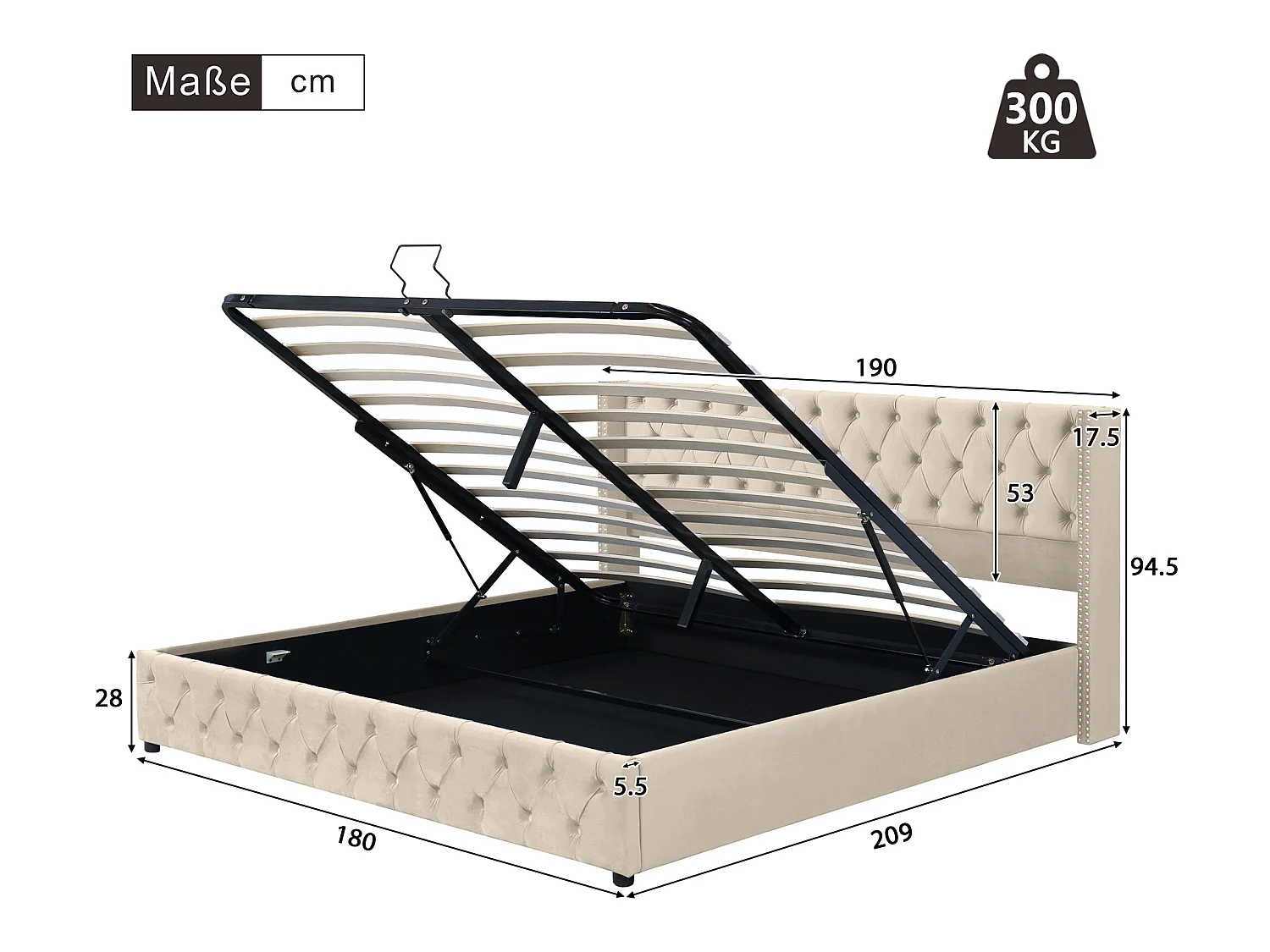 Cama contenedor 180 x 200 cm, cama doble tapizada en terciopelo, decoración con remaches y botones, somier de láminas, estilo Chesterfield, beige