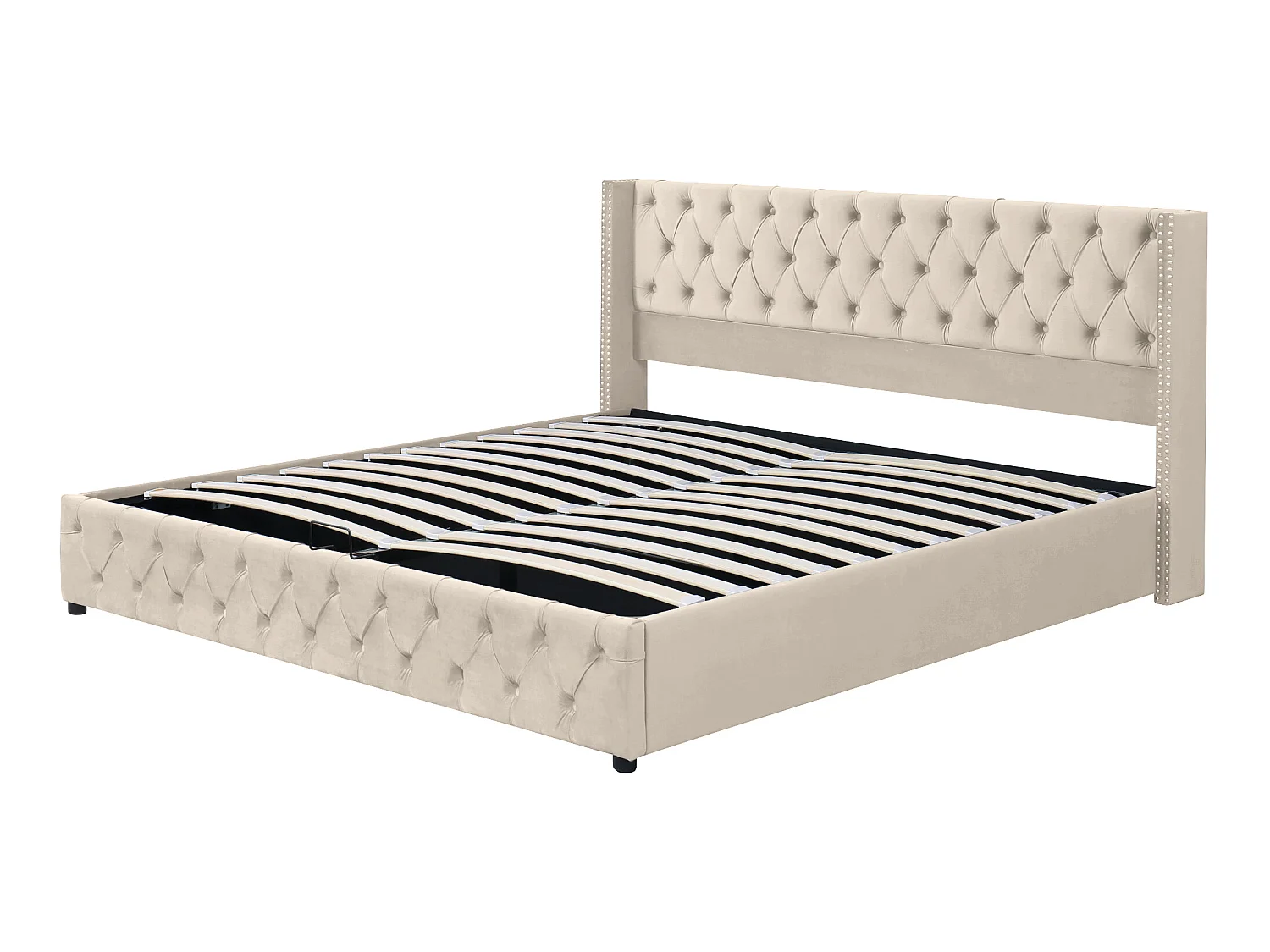 Cama contenedor 180 x 200 cm, cama doble tapizada en terciopelo, decoración con remaches y botones, somier de láminas, estilo Chesterfield, beige