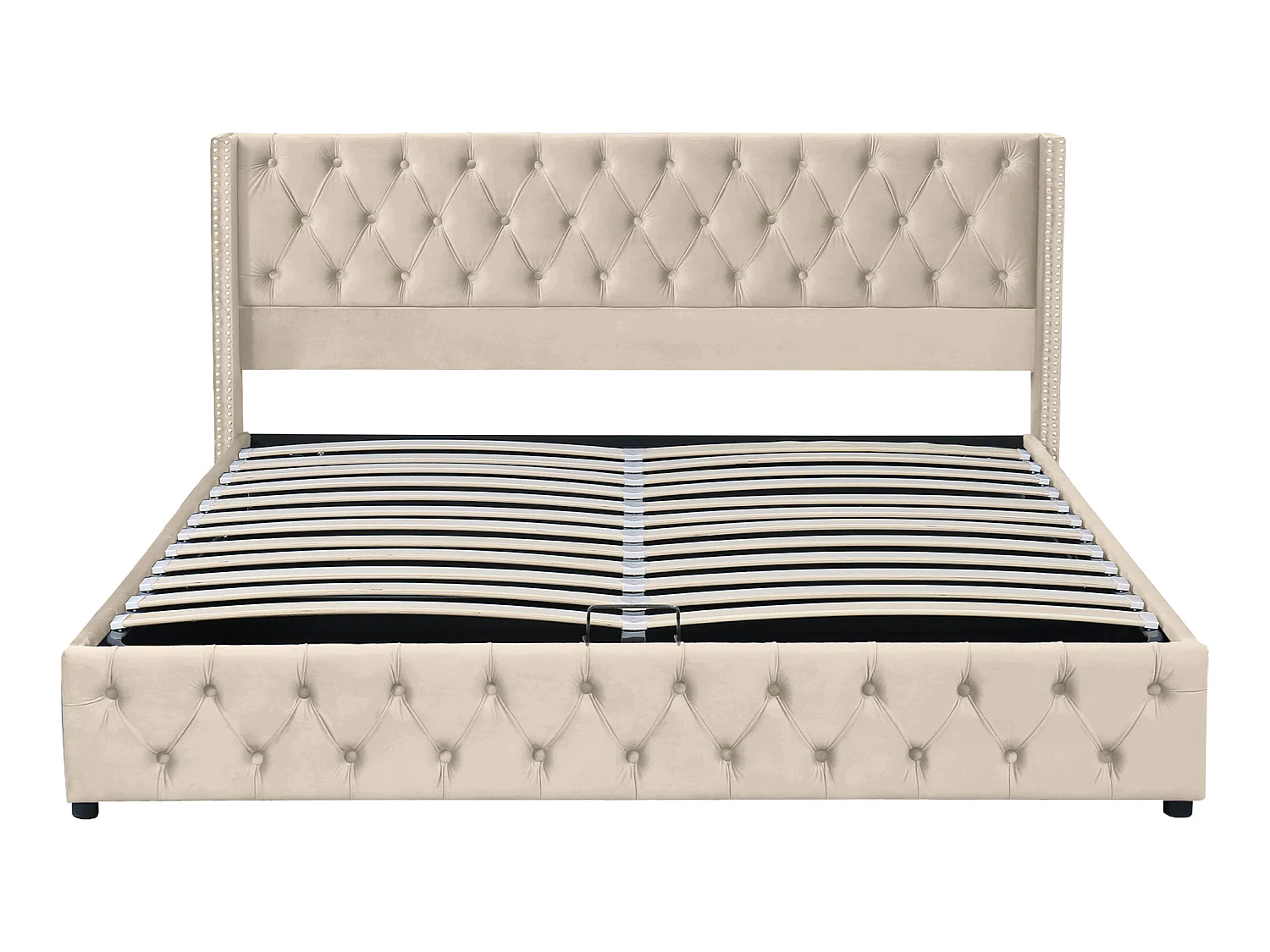 Cama contenedor 180 x 200 cm, cama doble tapizada en terciopelo, decoración con remaches y botones, somier de láminas, estilo Chesterfield, beige