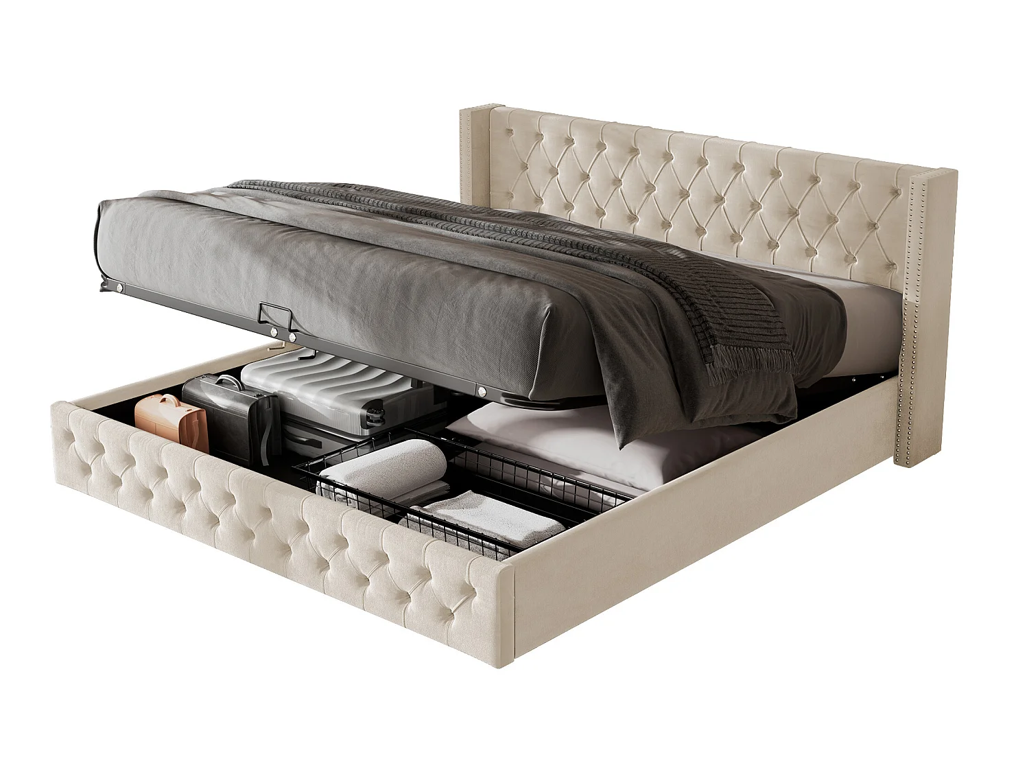 Cama contenedor 180 x 200 cm, cama doble tapizada en terciopelo, decoración con remaches y botones, somier de láminas, estilo Chesterfield, beige