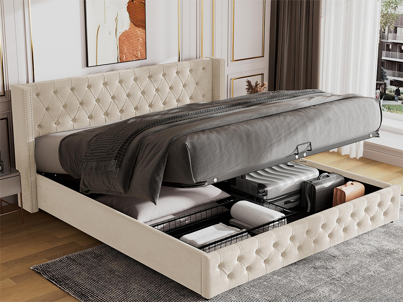 Letto Matrimoniale Imbottito 180x200 Cm Con Contenitore - Velluto Grigio Scuro, Testiera Morbida - Foto 8
