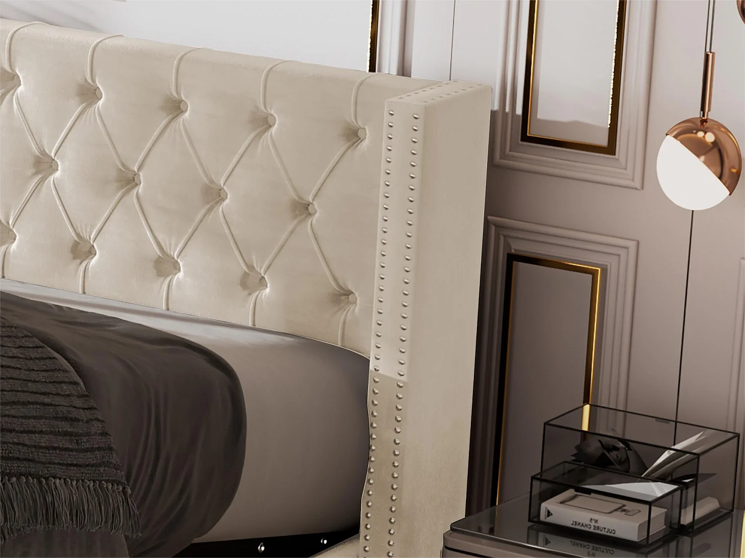 Lit coffre 180 x 200 cm, lit double rembourré en velours, décor avec rivets et boutons,  sommier à lattes, style chesterfield, beige