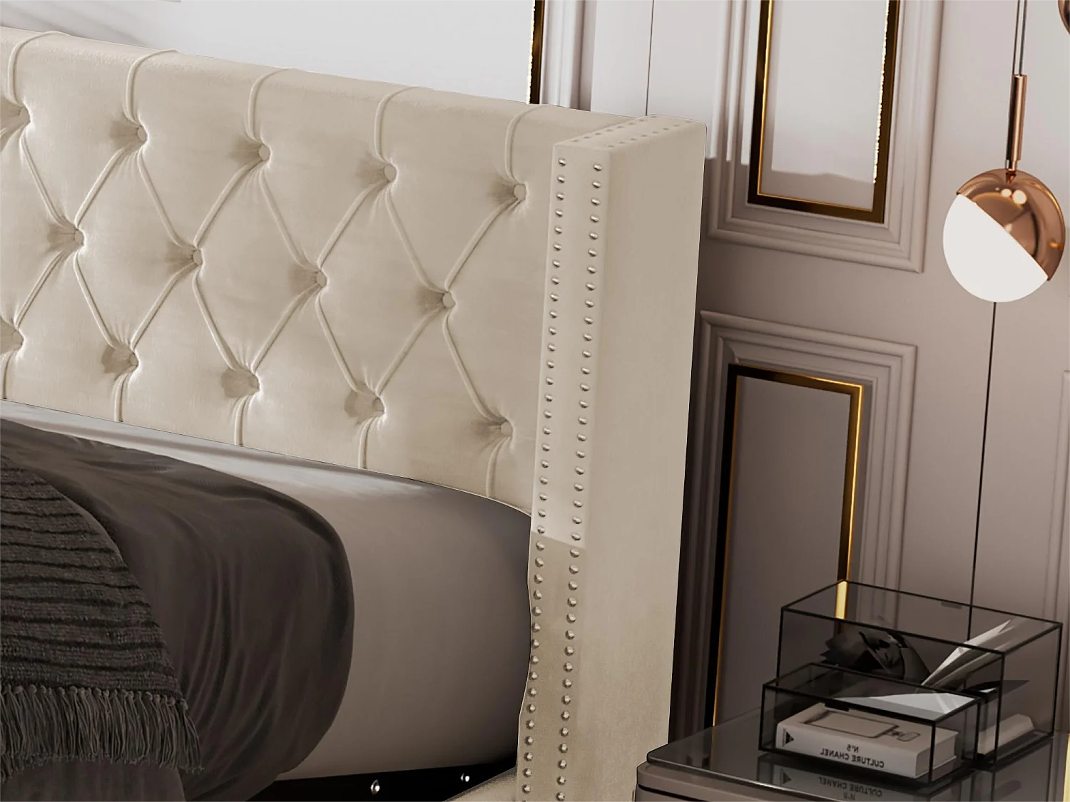 Letto contenitore 180 x 200 cm, letto matrimoniale rivestito in velluto, decoro con rivetti e bottoni, rete a doghe, stile Chesterfield, beige