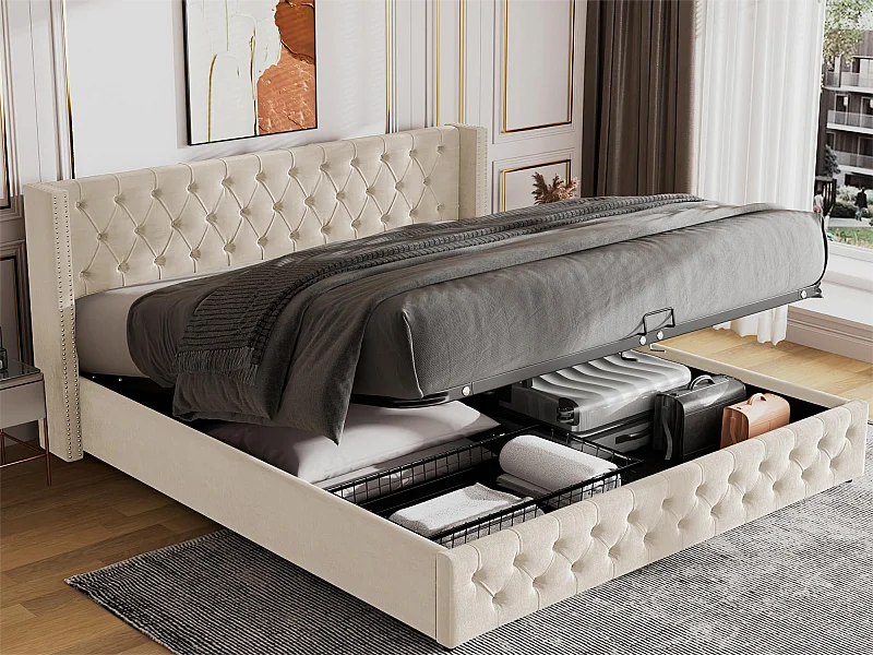 Bettkasten 180 x 200 cm, Doppelbett mit Samtbezug, Dekor mit Nieten und Knöpfen, Lattenrost, Chesterfield-Stil, beige