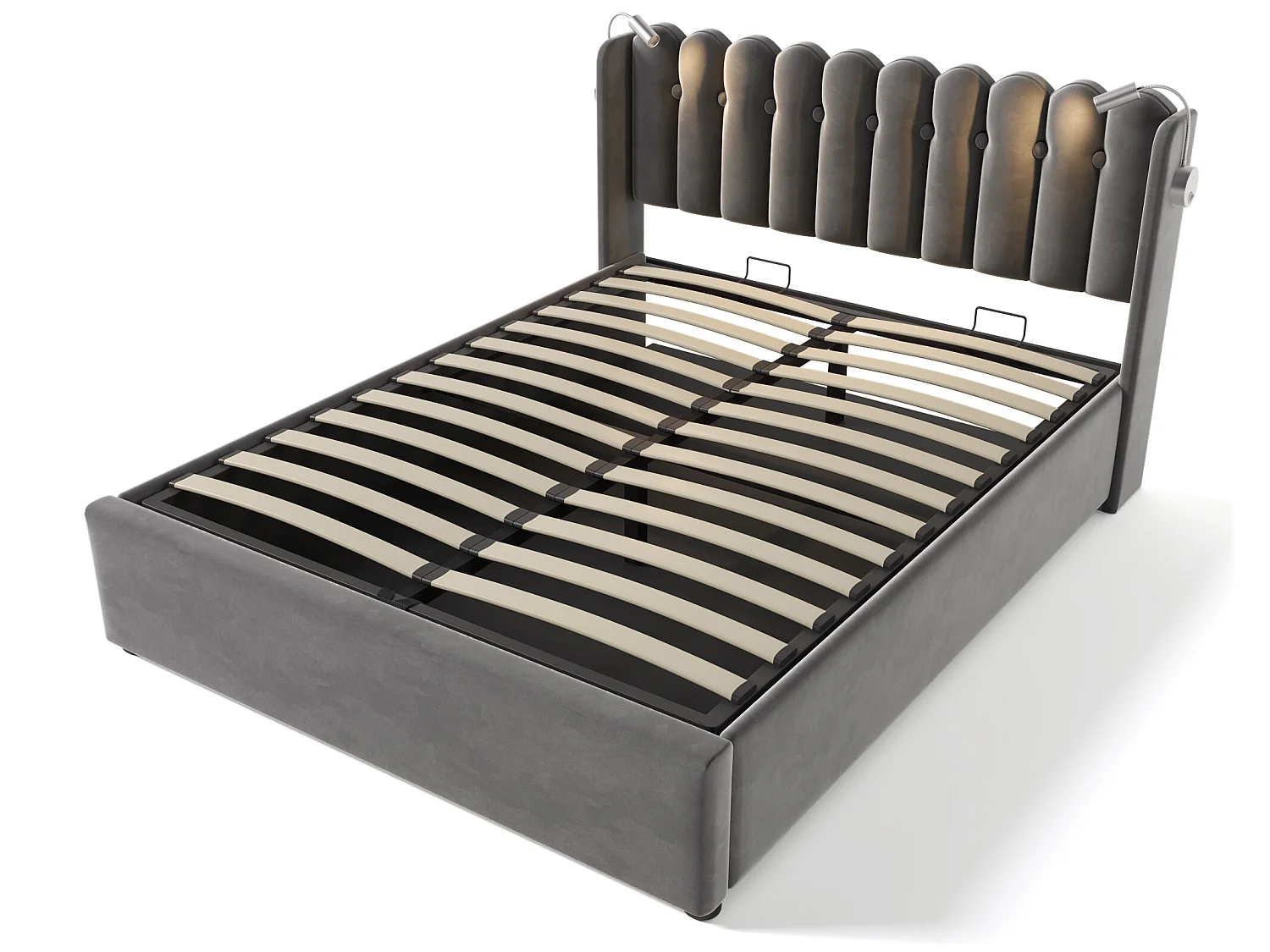 Cama de arrumação com cabeceira - 160 x 200 cm - candeeiro de leitura e tomada USB - tecido de linho - cor cinza