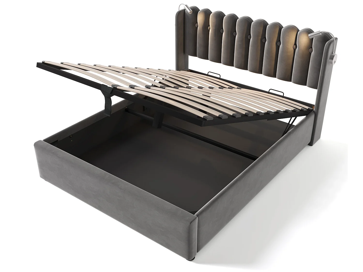 Cama de arrumação com cabeceira - 160 x 200 cm - candeeiro de leitura e tomada USB - tecido de linho - cor cinza