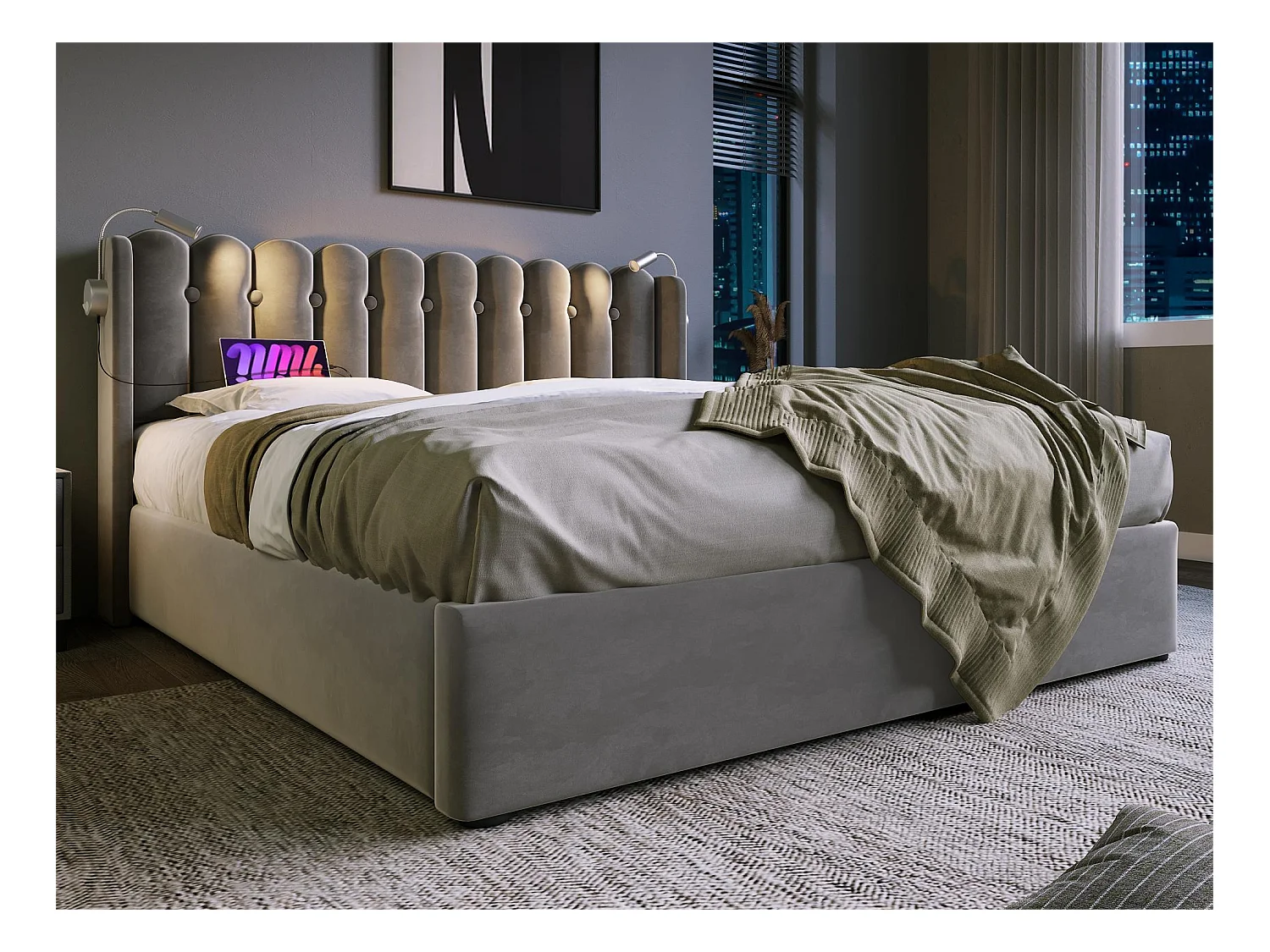 Lit coffre avec tête de lit- 160 x 200 cm - lampe de lecture et prise USB - tissu en lin - coloris gris