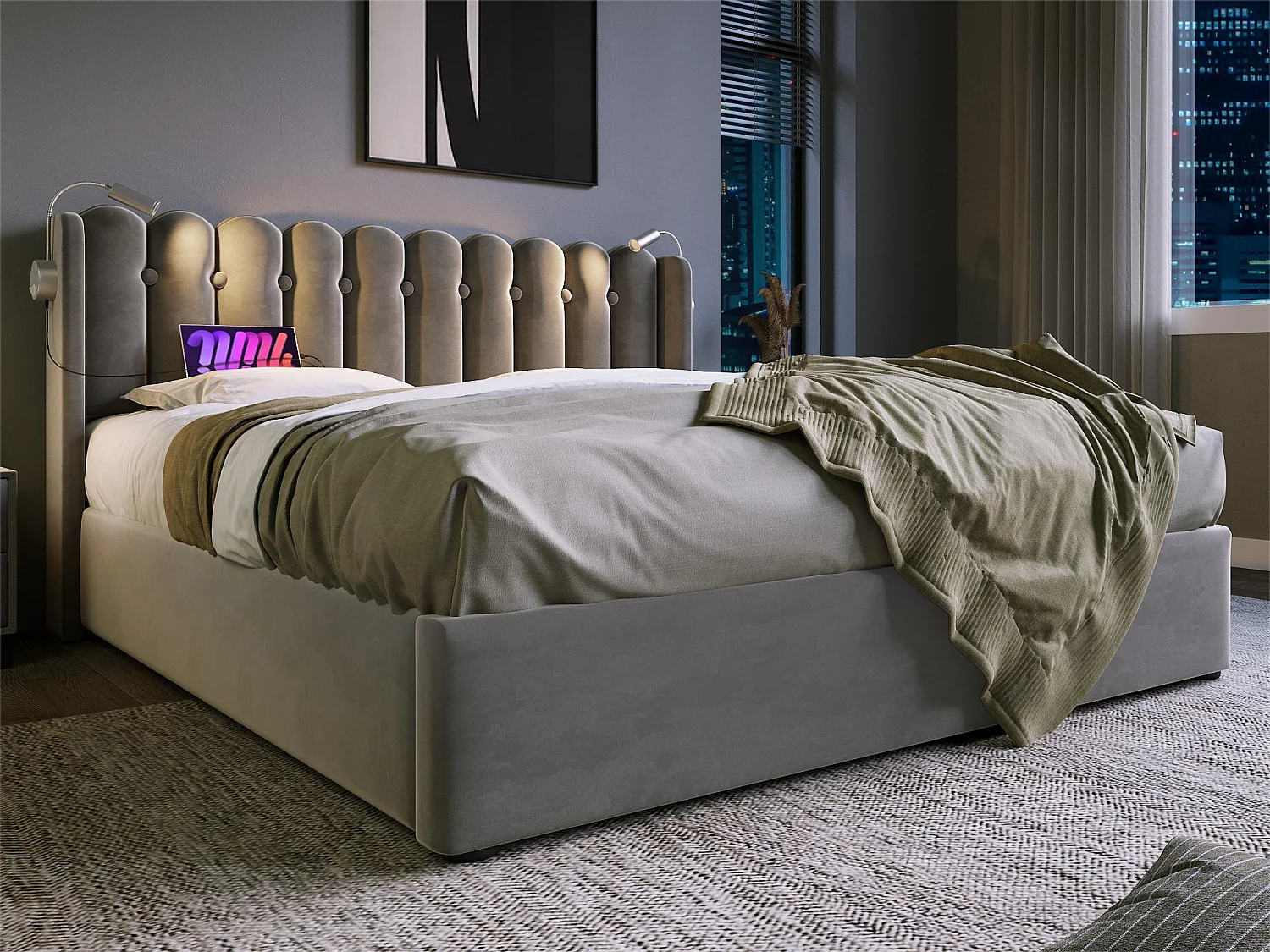 Lit coffre avec tête de lit- 160 x 200 cm - lampe de lecture et prise USB - tissu en lin - coloris gris