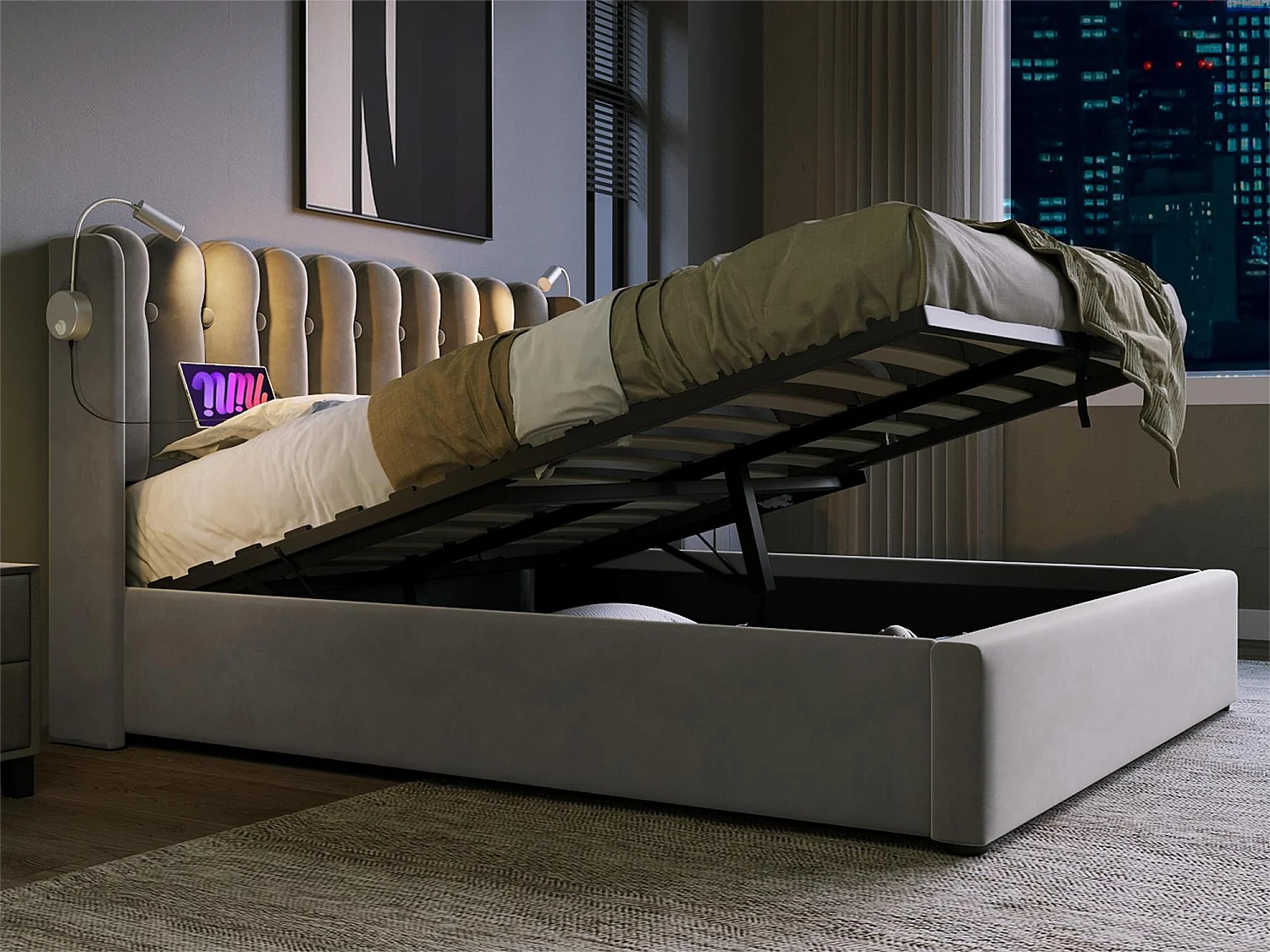 Lit coffre avec tête de lit- 160 x 200 cm - lampe de lecture et prise USB - tissu en lin - coloris gris