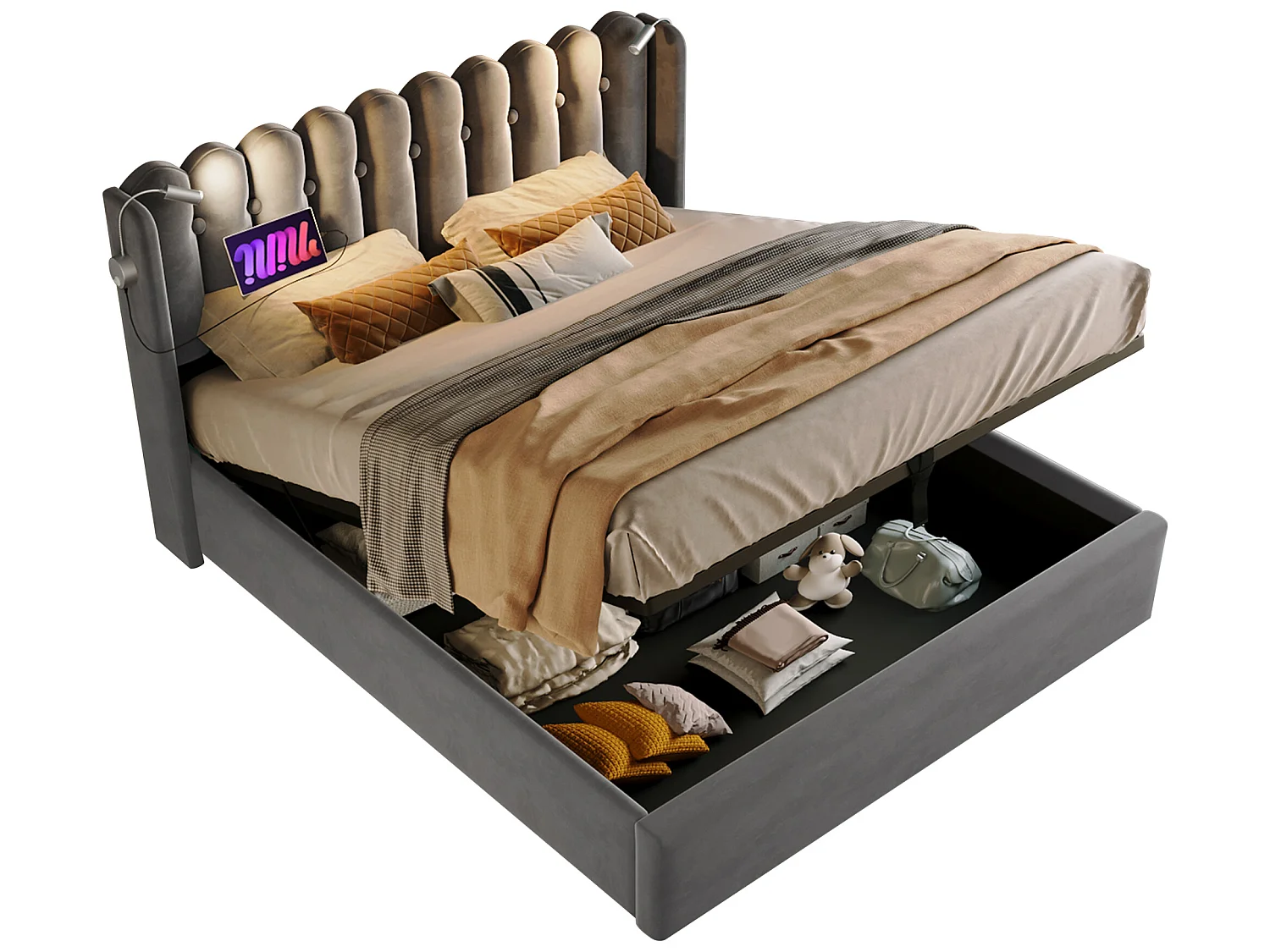 Lit coffre avec tête de lit- 160 x 200 cm - lampe de lecture et prise USB - tissu en lin - coloris gris