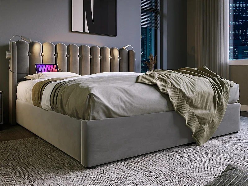 Letto contenitore con testiera - 160 x 200 cm - lampada da lettura e porta USB - tessuto in lino - colore grigio