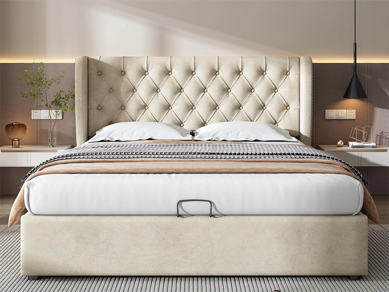 Bettkasten 180 x 200 cm, Erwachsenenbett mit Samtbezug, Dekor mit Nieten und Knöpfen, Lattenrost, beige