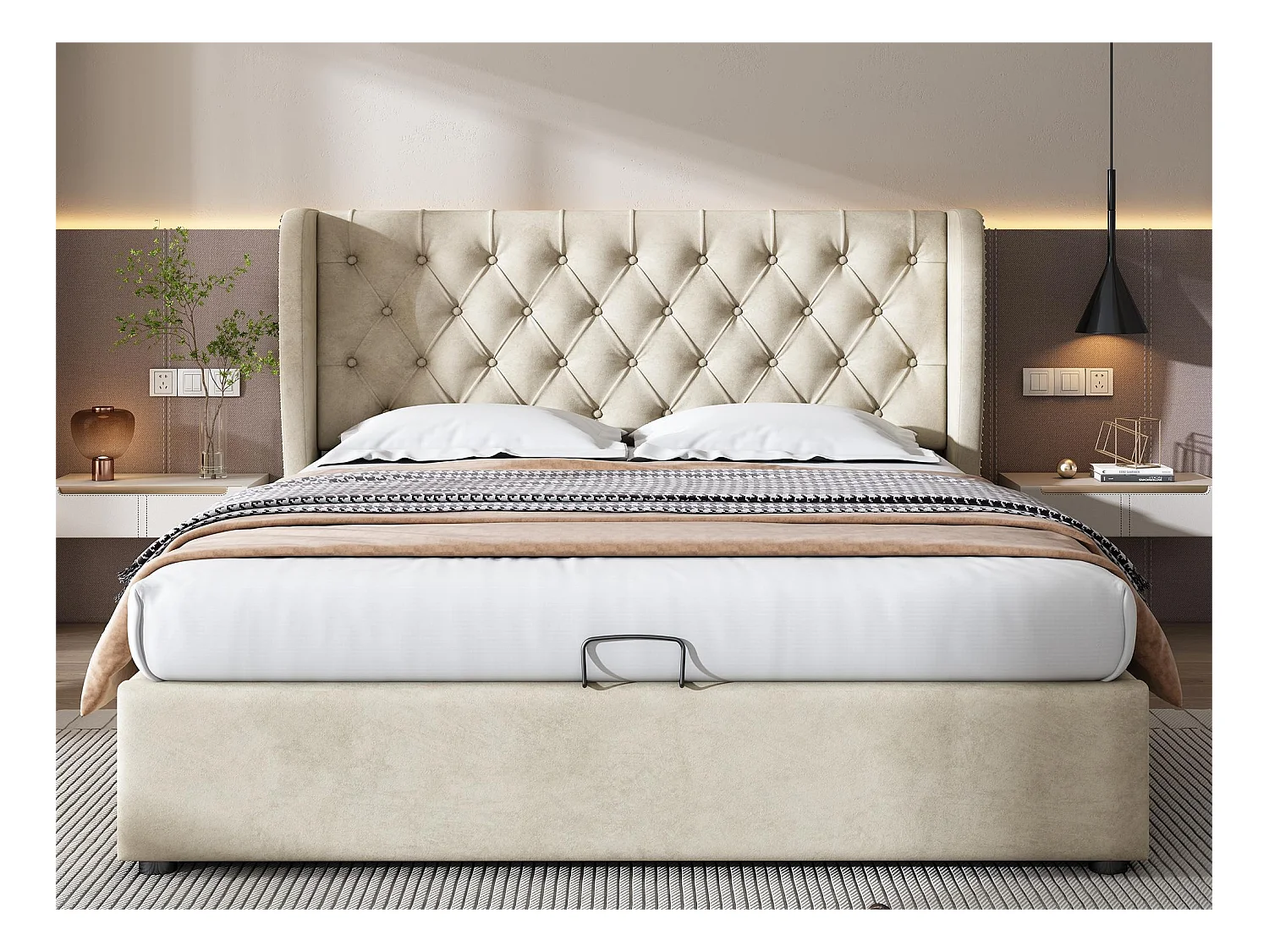 Lit coffre 180 x 200 cm, lit adulte rembourré en velours, décor avec rivets et boutons, sommier à lattes, beige