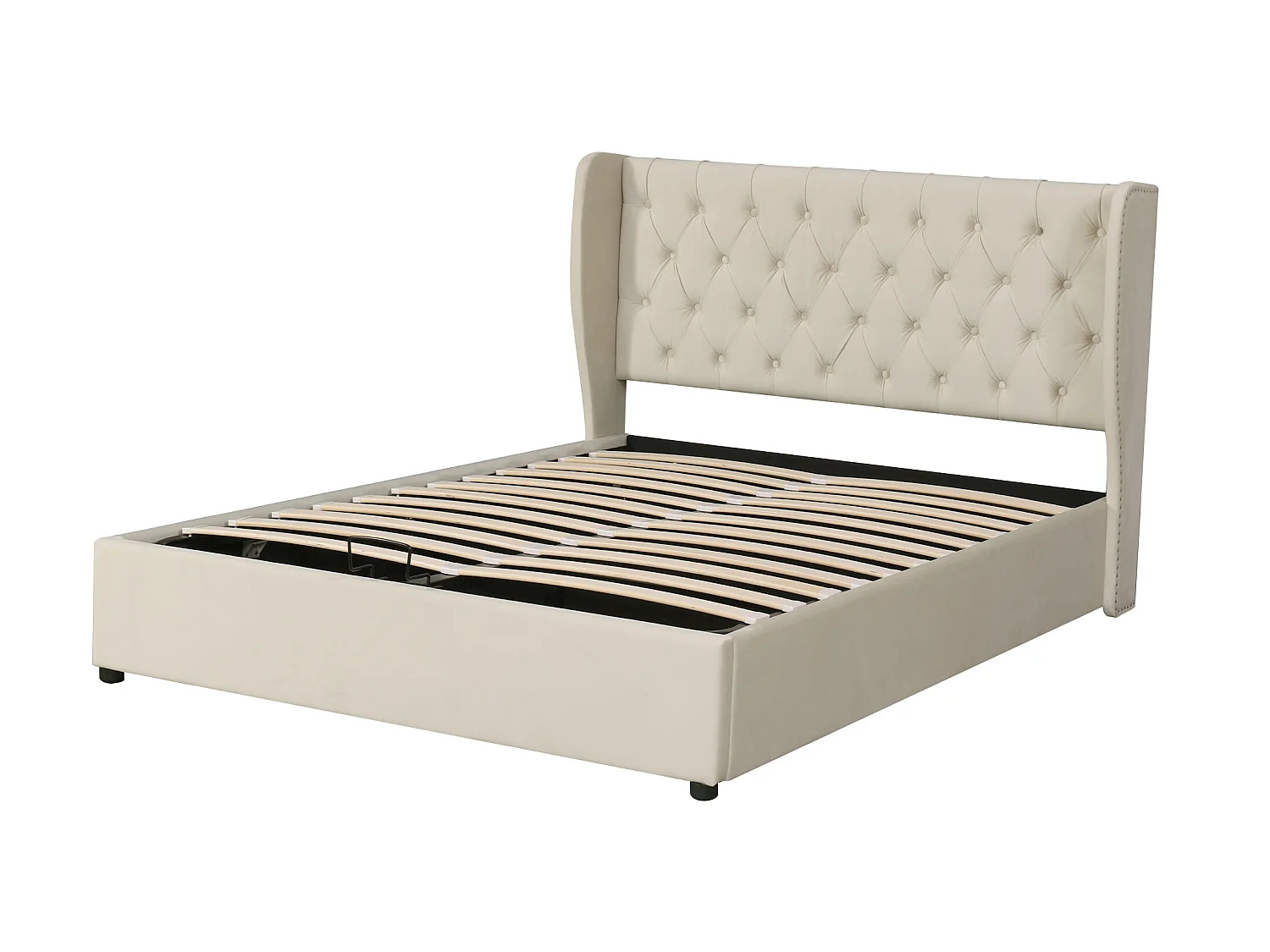 Lit coffre 180 x 200 cm, lit adulte rembourré en velours, décor avec rivets et boutons, sommier à lattes, beige