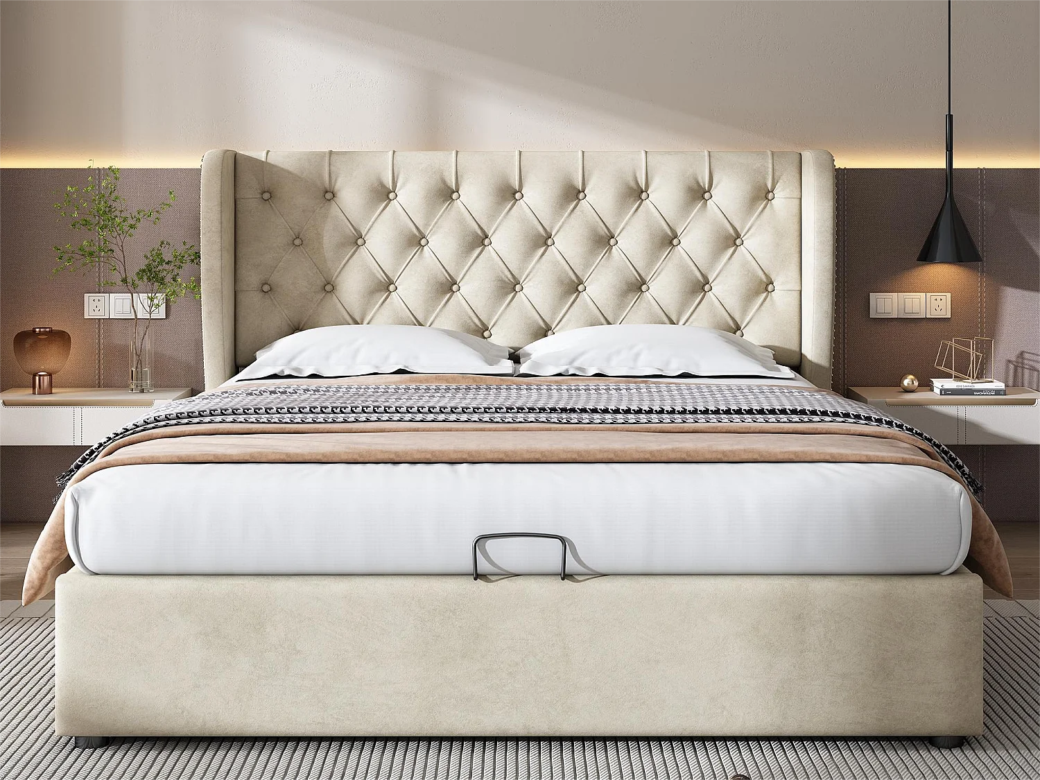 Cama de arrumação 180 x 200 cm, cama de adulto estofada em veludo, decoração com rebites e botões, base de ripas, bege