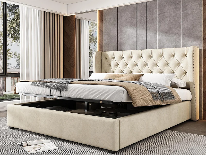 Letto contenitore 180 x 200 cm, letto per adulti rivestito in velluto, decoro con rivetti e bottoni, rete a doghe, beige