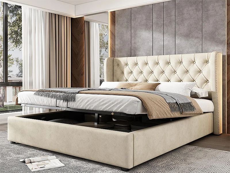 Letto contenitore 180 x 200 cm, letto per adulti rivestito in velluto, decoro con rivetti e bottoni, rete a doghe, beige