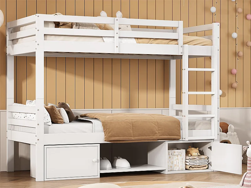 Letto a castello 90x200 cm in pino massiccio con vano contenitore e scarpiera - divisibile in 2 letti singoli - Bianco