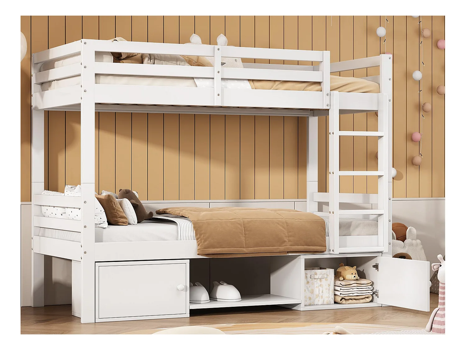 Lit superposé 90x200cm en pin massif avec meuble de rangement et étagère à chaussures - divisible en 2 lits simples - Blanc