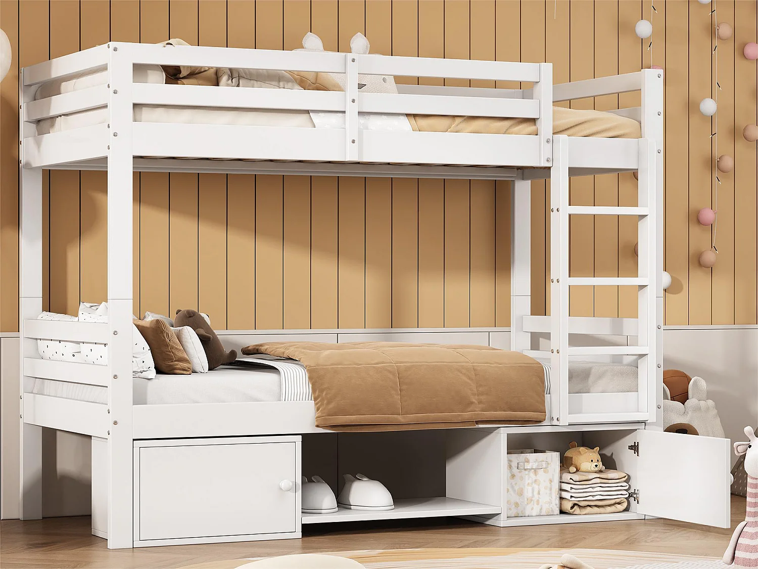 Letto a castello 90x200 cm in pino massiccio con vano contenitore e scarpiera - divisibile in 2 letti singoli - Bianco