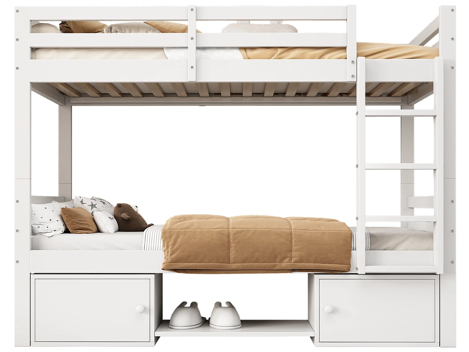 Letto a castello 90x200 cm in pino massiccio con vano contenitore e scarpiera - divisibile in 2 letti singoli - Bianco