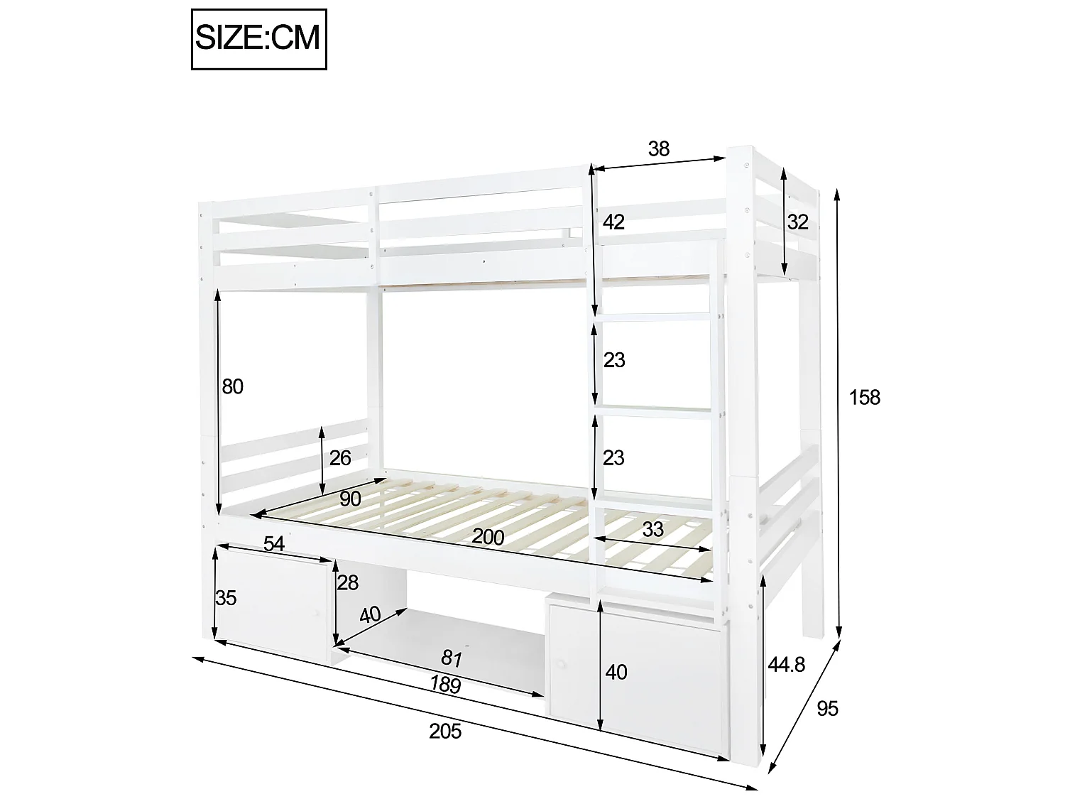 Letto a castello 90x200 cm in pino massiccio con vano contenitore e scarpiera - divisibile in 2 letti singoli - Bianco