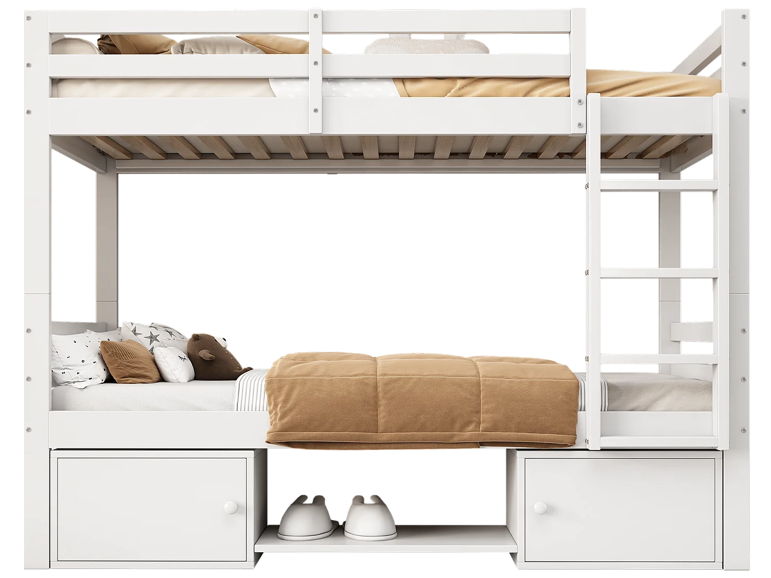 Stapelbed 90x200cm in massief grenen met opbergmeubel en schoenenrek - deelbaar tot 2 eenpersoonsbedden - Wit