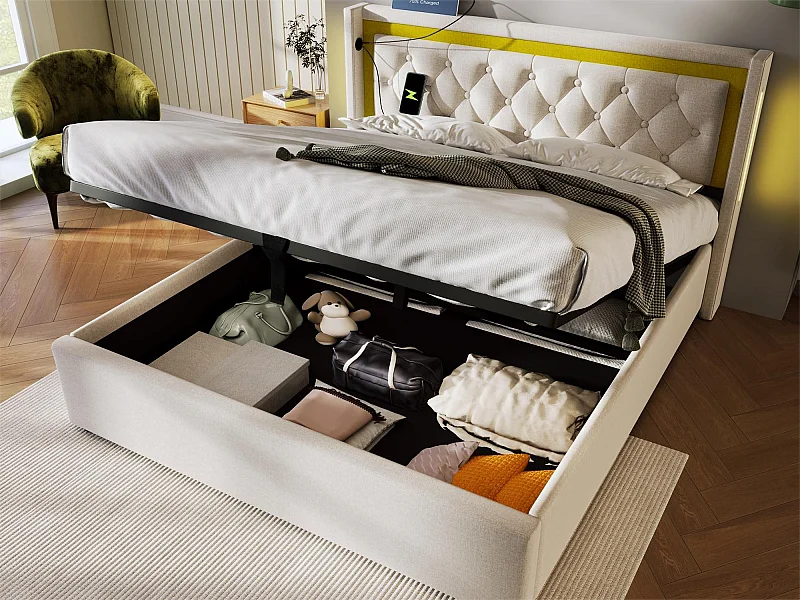 Gepolstertes Stauraumbett – 160 x 200 cm – mit USB-Typ-C-Buchse und LEDs – Lattenrost – beige Farbe