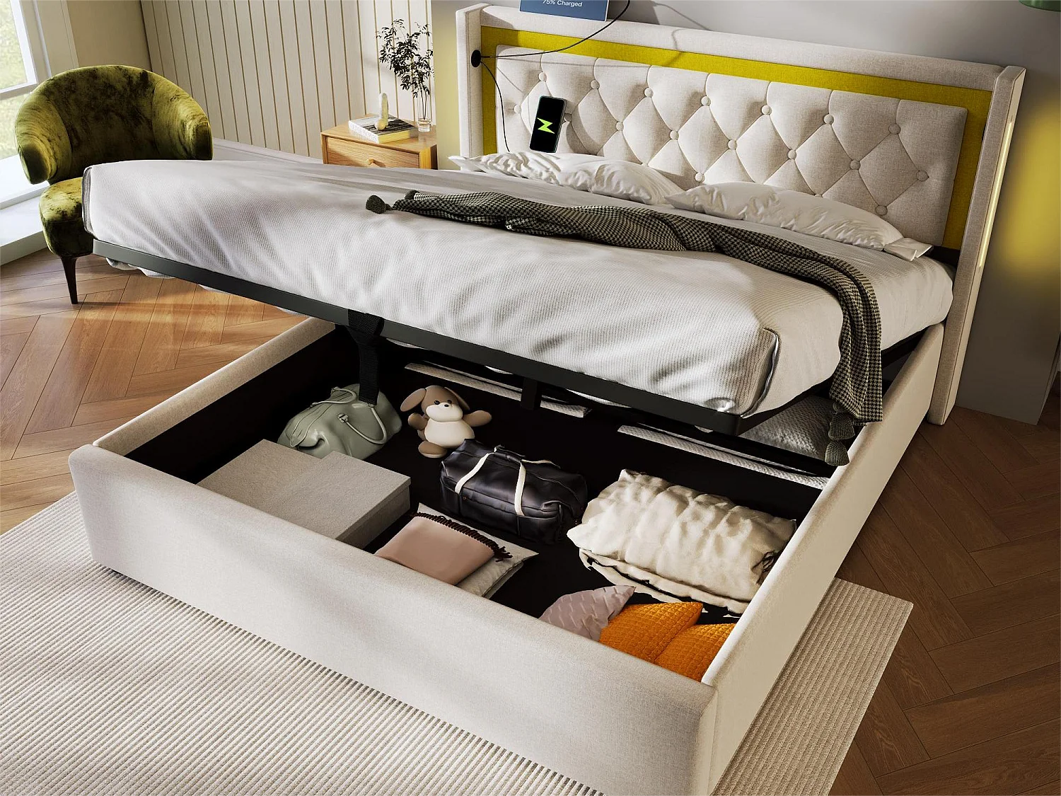 Gestoffeerd opbergbed - 160 x 200 cm - met USB Type C stopcontact en LED's - lattenbodem - kleur beige