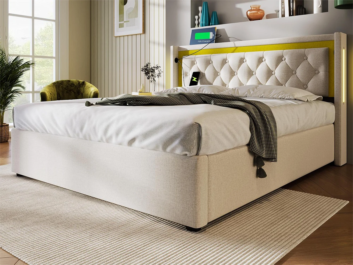 Gestoffeerd opbergbed - 160 x 200 cm - met USB Type C stopcontact en LED's - lattenbodem - kleur beige