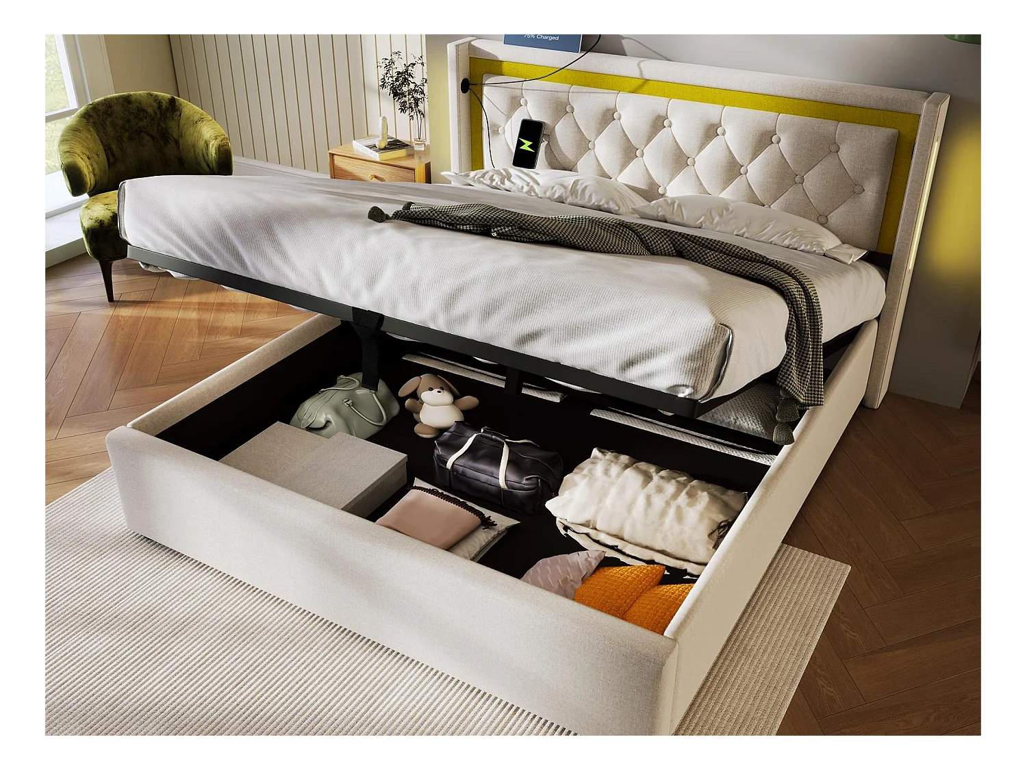 Lit coffre rembourré - 160 x 200 cm - avec prise USB Type C et LEDs - sommier à lattes - coloris beige