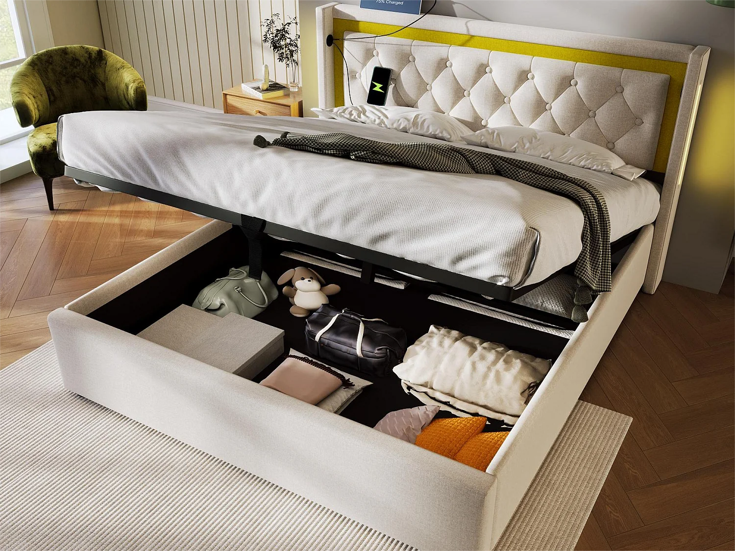 Lit coffre rembourré - 160 x 200 cm - avec prise USB Type C et LEDs - sommier à lattes - coloris beige