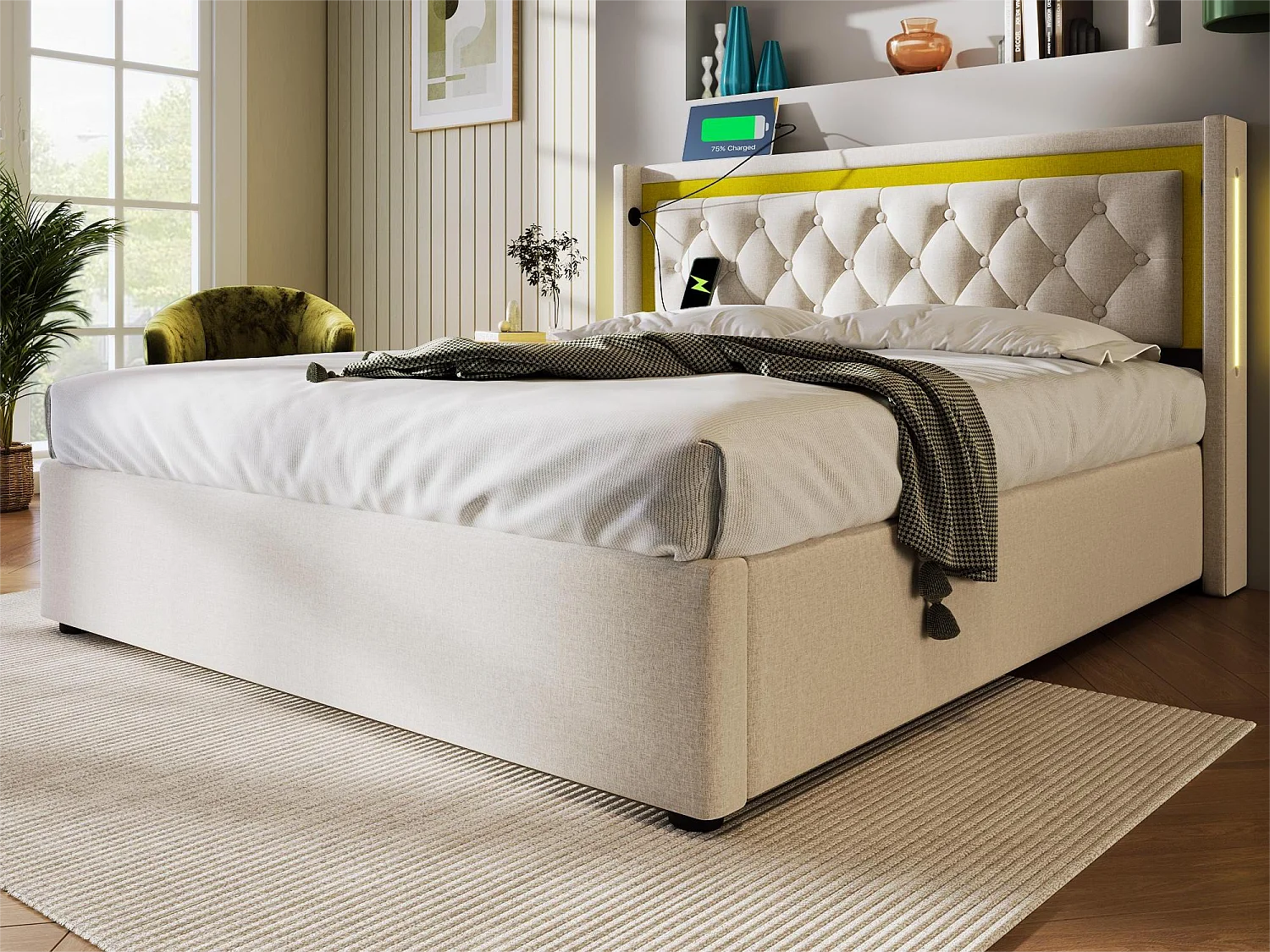 Lit coffre rembourré - 160 x 200 cm - avec prise USB Type C et LEDs - sommier à lattes - coloris beige