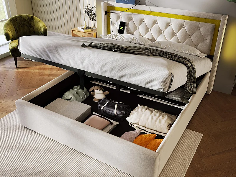 Lit coffre rembourré - 160 x 200 cm - avec prise USB Type C et LEDs - sommier à lattes - coloris beige
