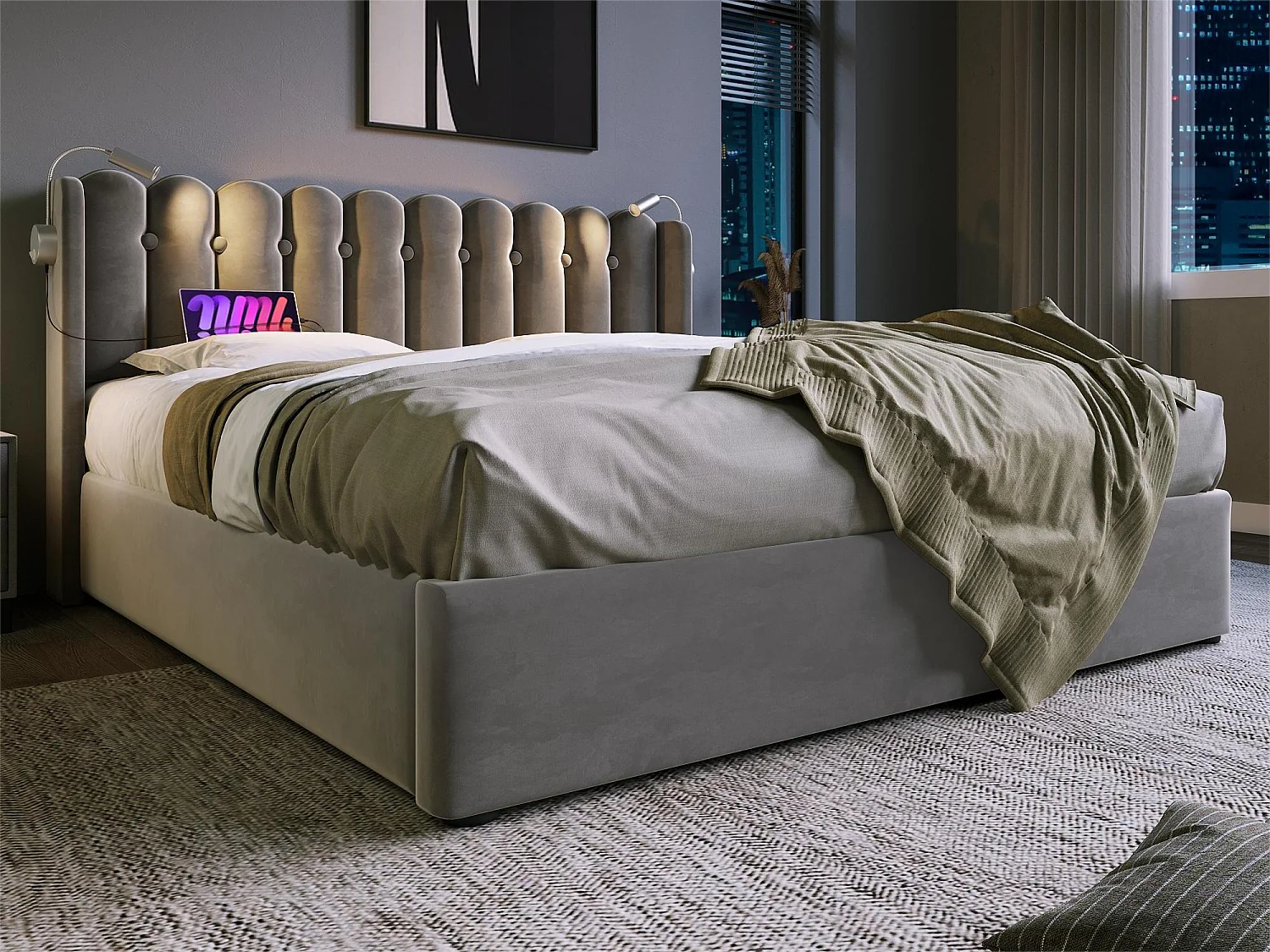 Cama de arrumação com cabeceira - 140 x 200 cm - candeeiro de leitura e tomada USB - tecido de linho - cor cinza