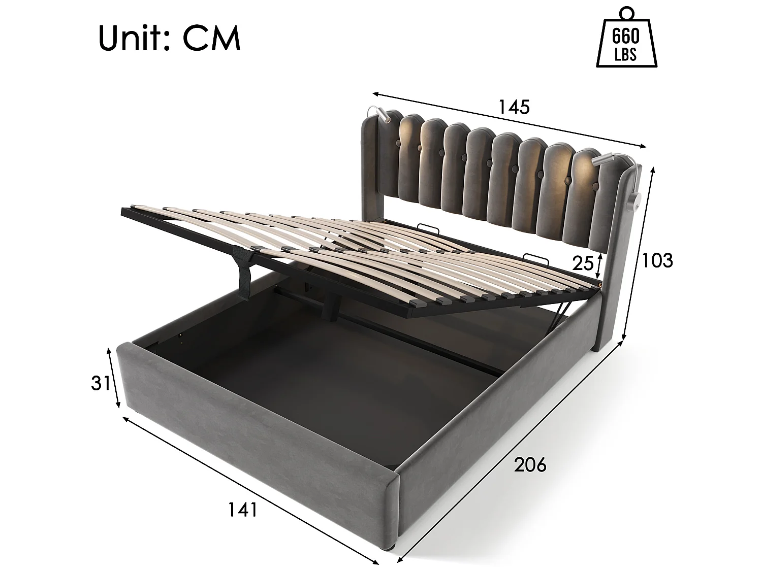Cama de arrumação com cabeceira - 140 x 200 cm - candeeiro de leitura e tomada USB - tecido de linho - cor cinza