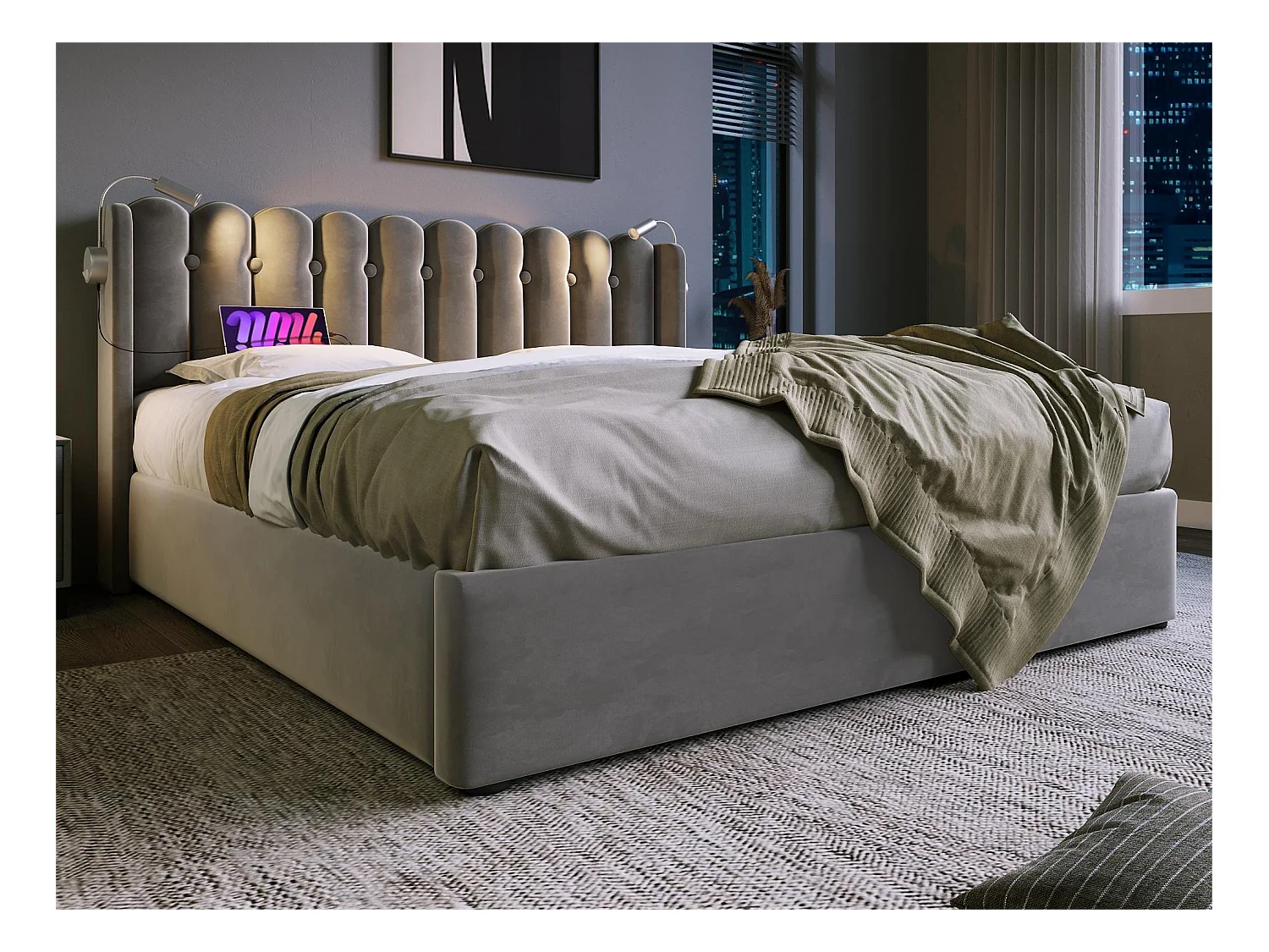 Lit coffre avec tête de lit- 140 x 200 cm - lampe de lecture et prise USB - tissu en lin - coloris gris