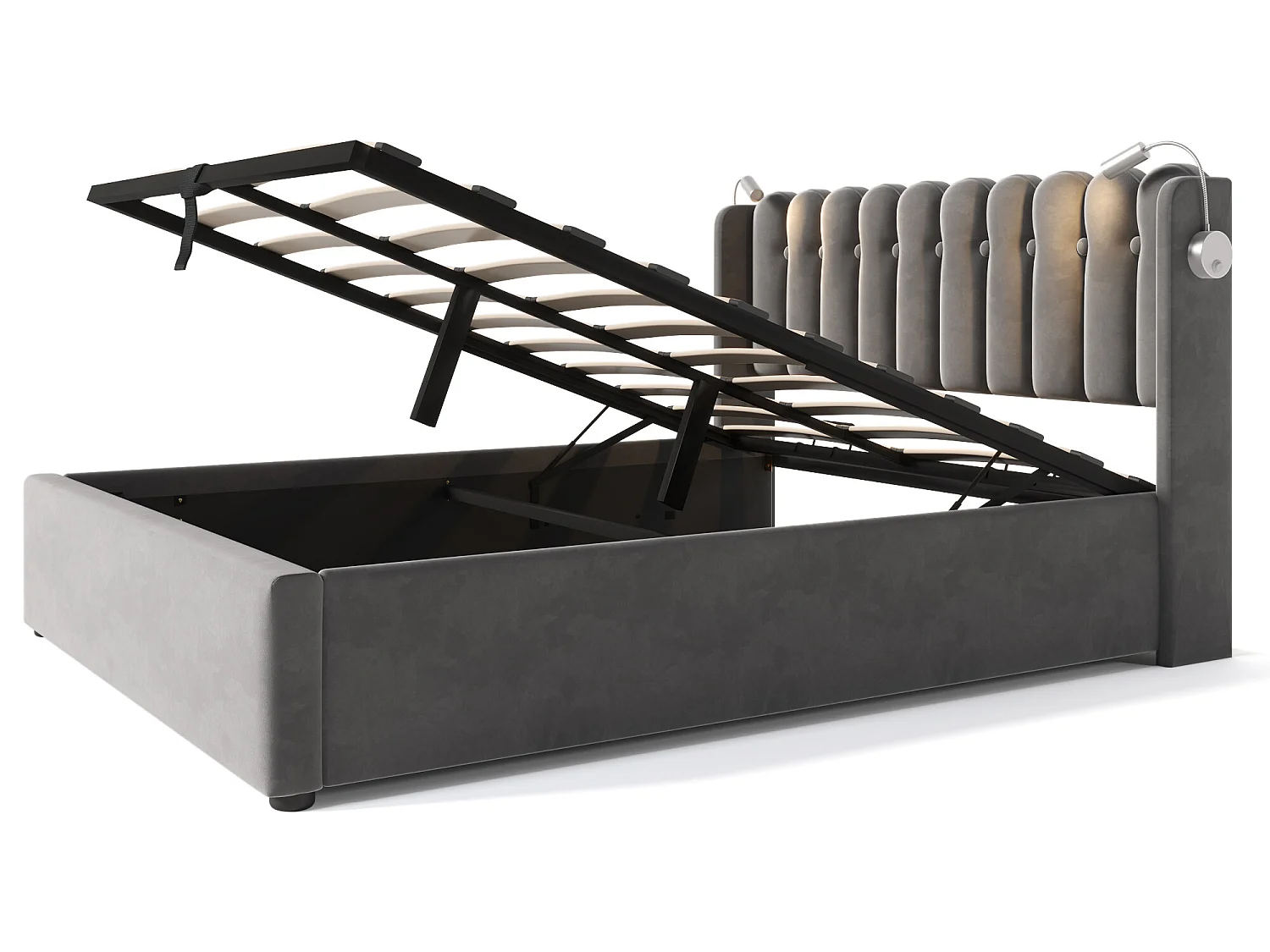 Opbergbed met hoofdeinde - 140 x 200 cm - leeslamp en USB-aansluiting - linnen stof - grijze kleur