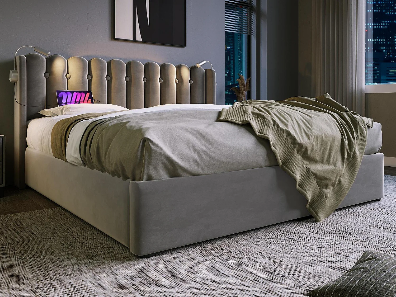 Bett mit Stauraum und Kopfteil – 140 x 200 cm – Leselampe und USB-Anschluss – Leinenstoff – graue Farbe